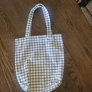 White Canvas Tote with Black Grid Pattern